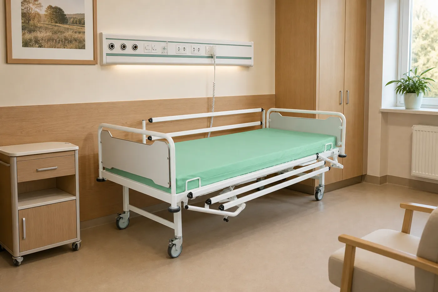 Łóżko szpitalne w sali chorych z panelem nadłóżkowym i szafką przyłóżkową