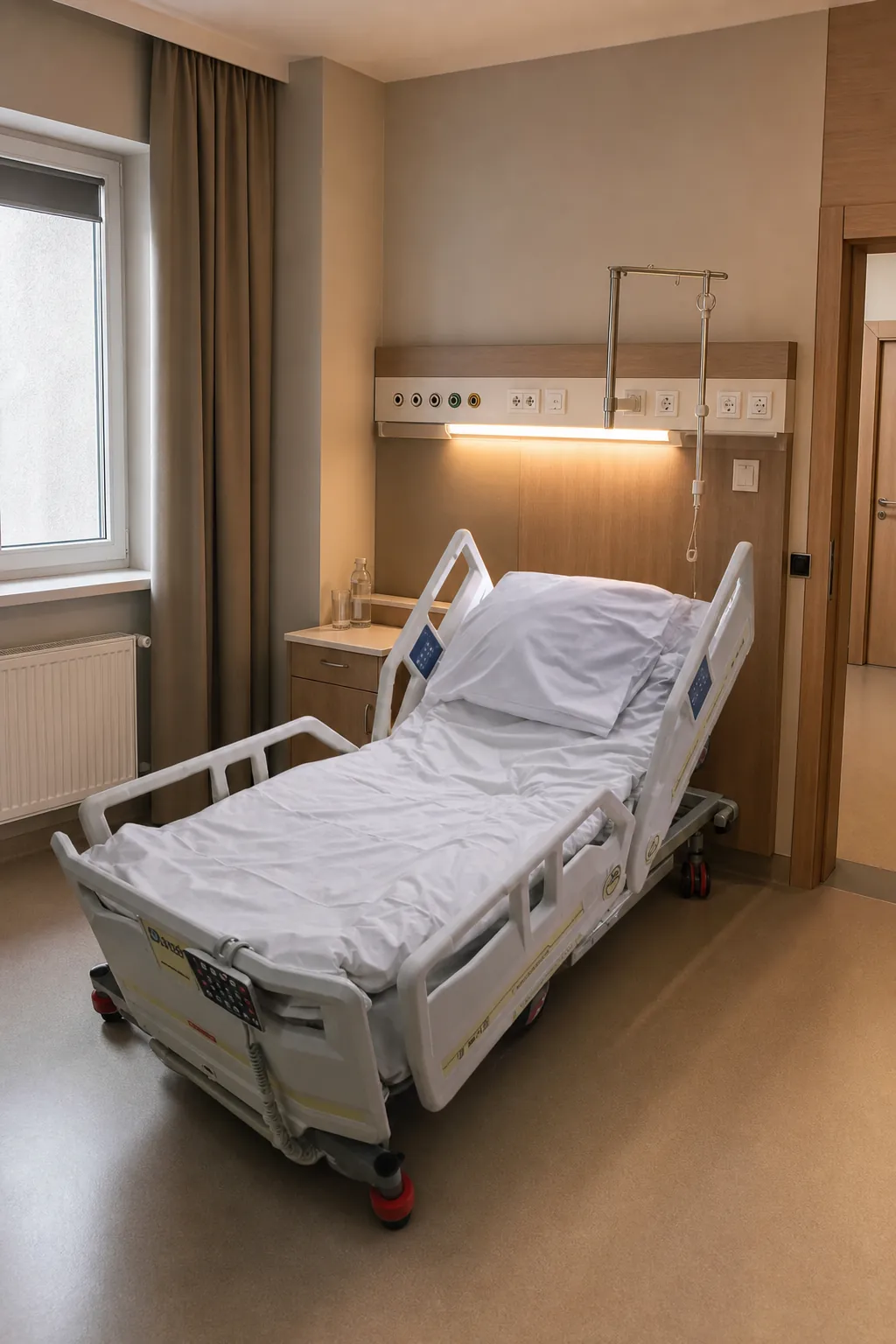 Łóżko szpitalne wielofunkcyjne w sali jednoosobowej z ciepłym drewnem i stojakiem na kroplówkę