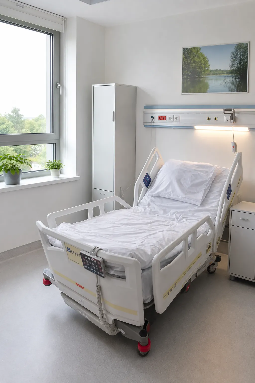 Łóżko szpitalne wielofunkcyjne w jasnej sali z widokiem na zieleń